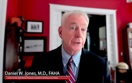 Daniel W. Jones, MD, FAHA is wearing a suit and tie and speaking from his office.