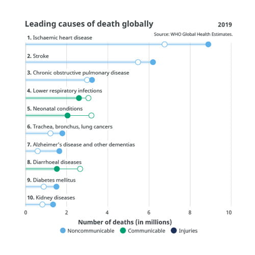Gráfico que muestra las principales causas de muerte a nivel mundial Fuente: WHO Global Health Estimates, 2019. Gráfico que muestra las principales causas de muerte a nivel mundial Fuente: WHO Global Health Estimates, 2019.