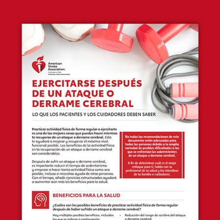 Primera página recortada del PDF "El ejercicio después de un ataque o derrame cerebral" de la American Stroke Association sobre un fondo rojo
