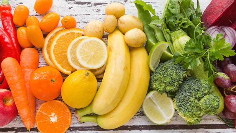 Multi-colored fresh fruits and vegetables