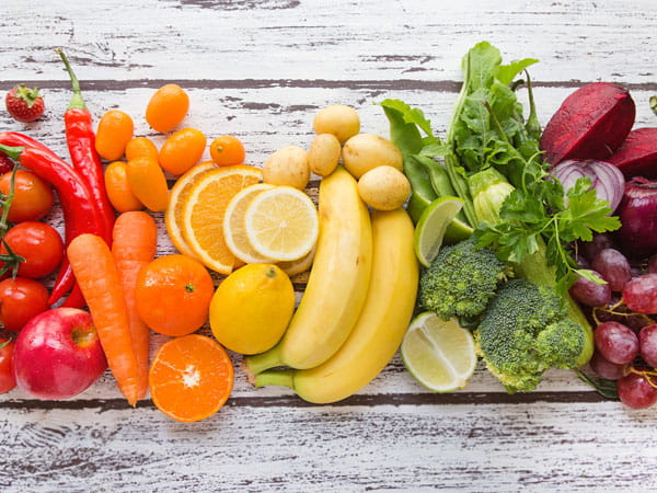 Multi-colored fresh fruits and vegetables