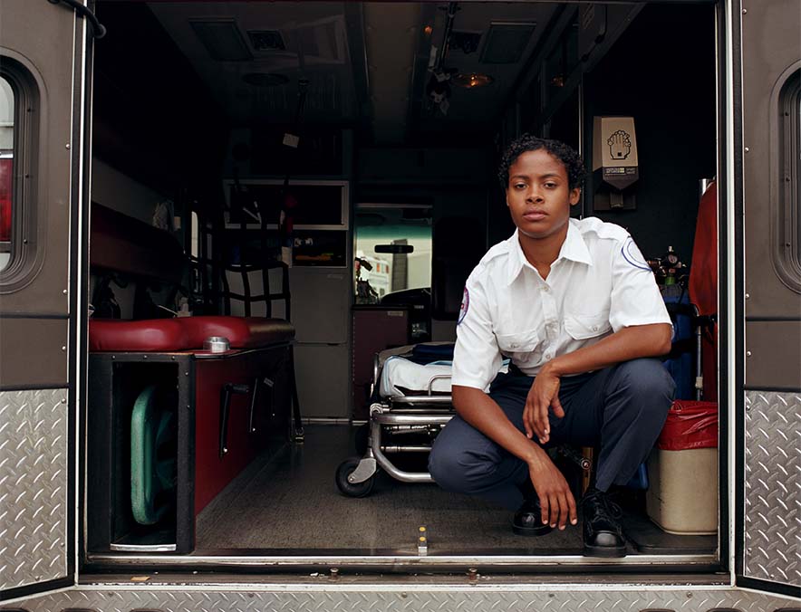 Medic in the back of an ambulance