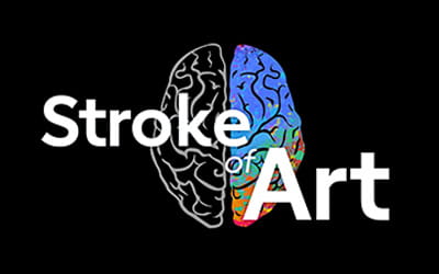 A black background with "Stroke of Art" in bold white letters on top of an illustrated brain split in black and white and color. A black background with "Stroke of Art" in bold white letters on top of an illustrated brain split in black and white and color.